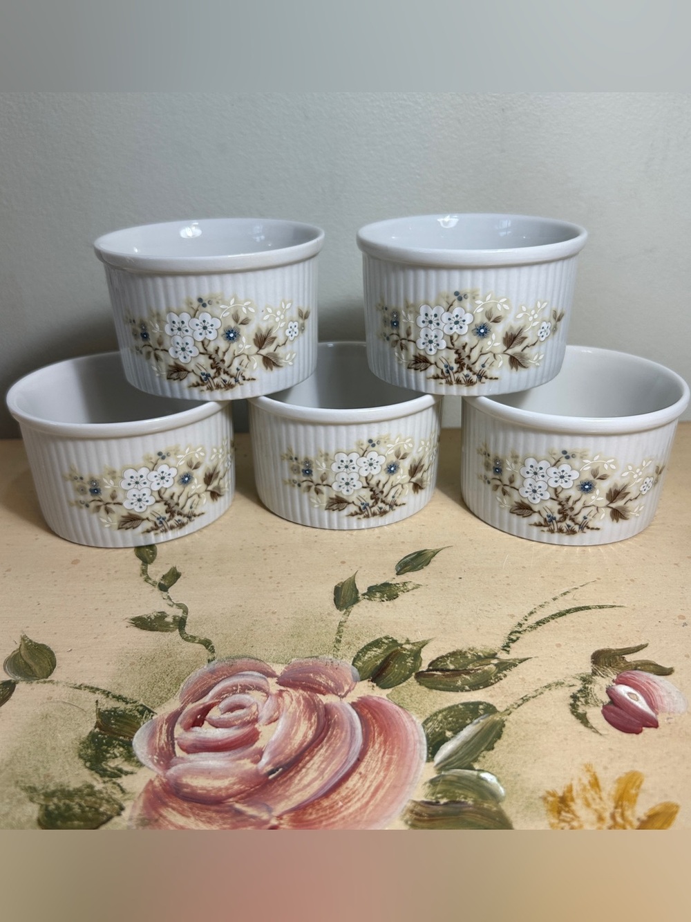 Royal Doulton Mandalay White Blue Tan Brown Floral Ramekin 5 PC Oven Set